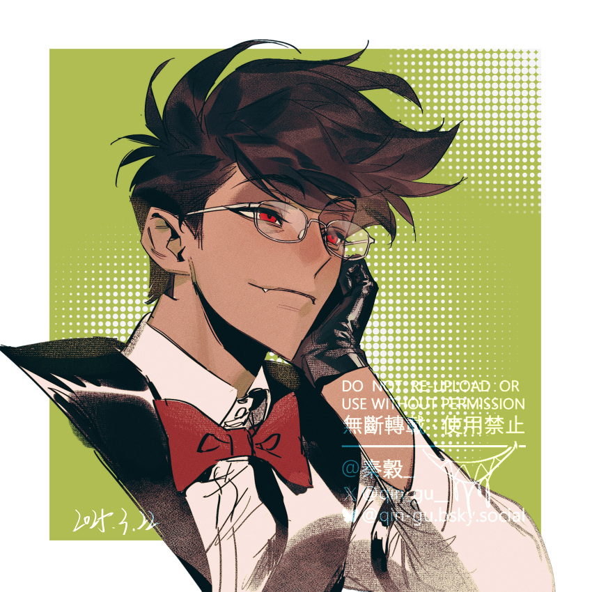 1boy, absurdres, alastor_(hazbin_hotel), alastor_(human)_(hazbin_hotel), arm_support, black_gloves, brown_hair, gloves