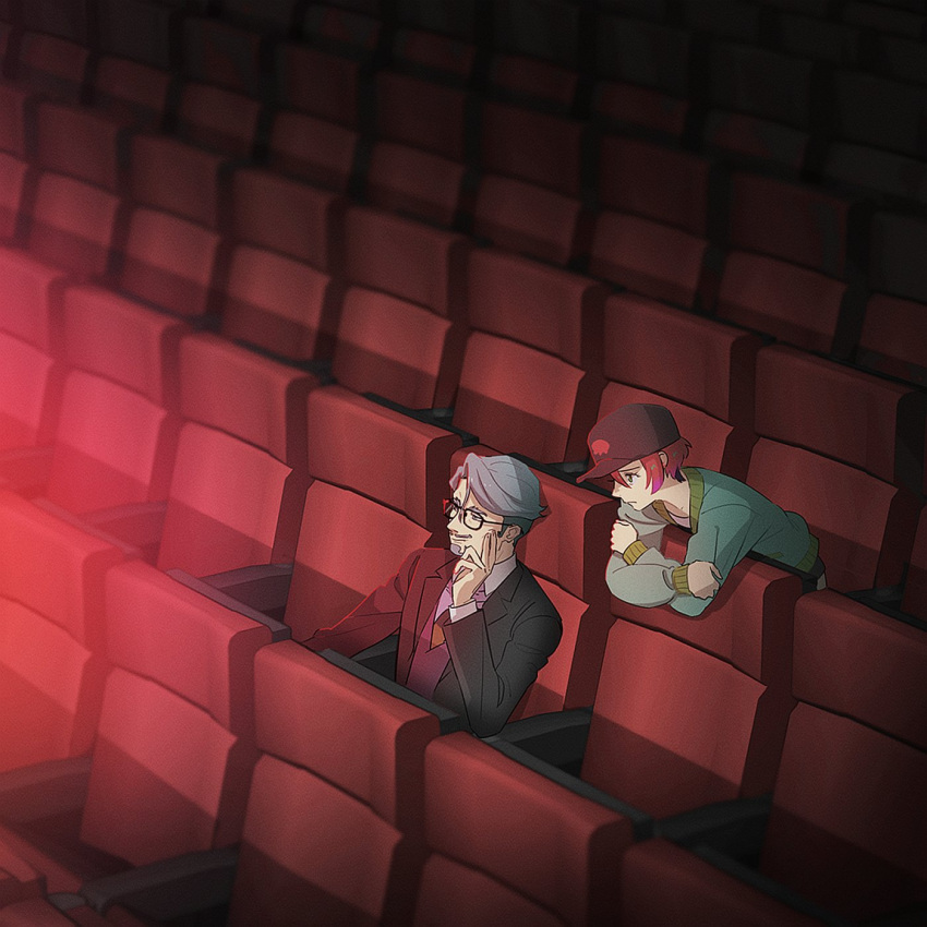 1boy, 1girl, amate_yuzuriha, beard, black_hat, challia_bull, closed_mouth, collared_shirt