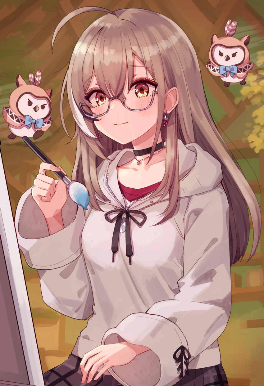 1girl, 2others, absurdres, ahoge, berry, black_choker, blush, brown_eyes