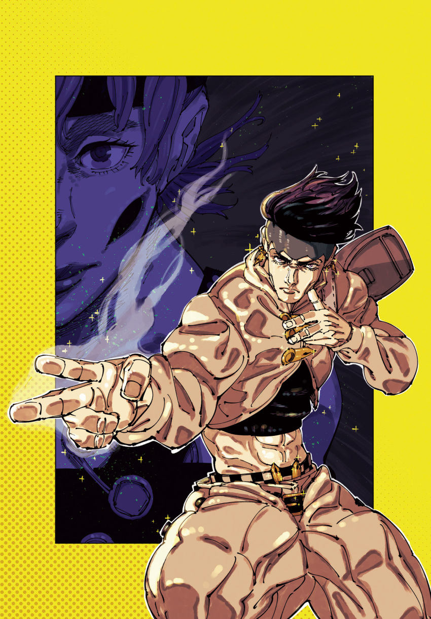 2boys, abs, akutami_gege, belt, black_hair, border, cheek_hole, closed_mouth