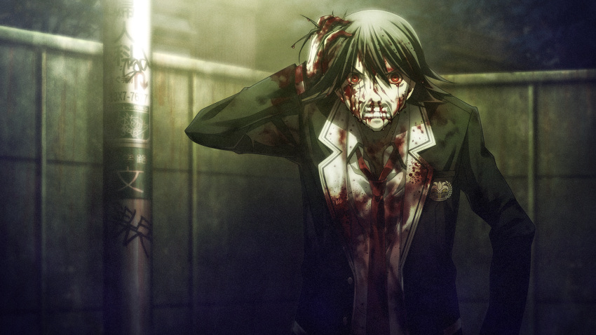 angry, bags_under_eyes, black_hair, black_jacket, blood, blood_drip, blood_from_eyes, blood_on_clothes