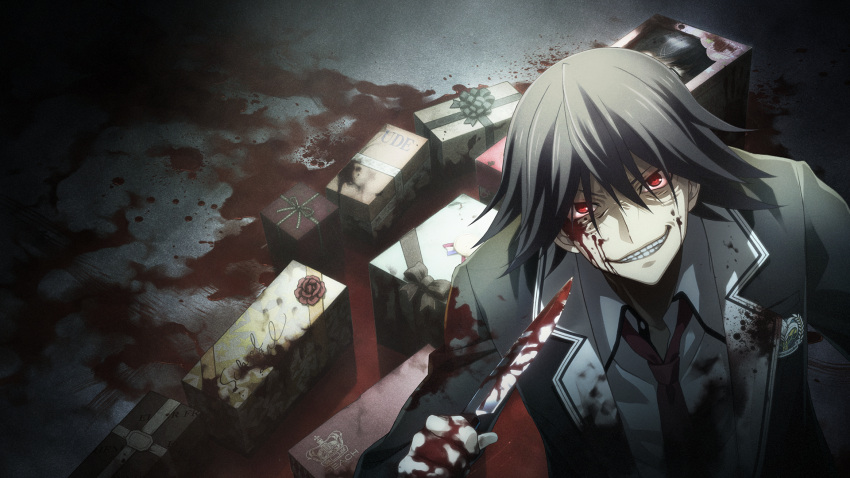 bags_under_eyes, black_hair, black_jacket, blood, blood_on_clothes, blood_on_face, blood_on_hands, blood_on_knife