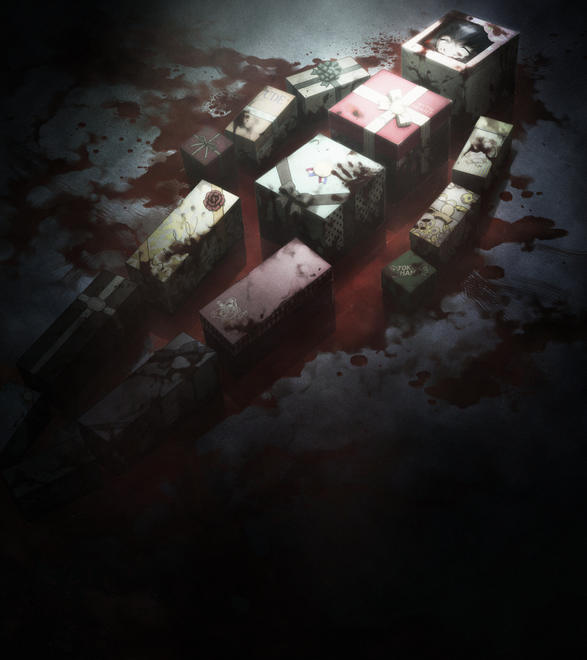 black_hair, blood, blood_on_face, blood_splatter, blood_stain, box, chaos;child, closed_eyes, dark, death, dim_lighting, game_cg, gift, gift_box, highres, murder, official_art, pool_of_blood, sasaki_mutsumi, severed_arm, severed_foot, severed_hand, severed_hands, severed_head, severed_leg, severed_limb, severed_torso, tachibana_yui