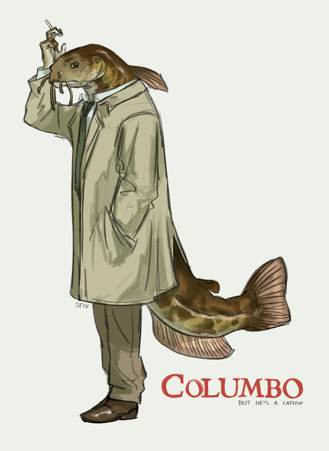 1boy, alternate_universe, brown_shoes, catfish, cigarette, coat, collared_shirt, columbo