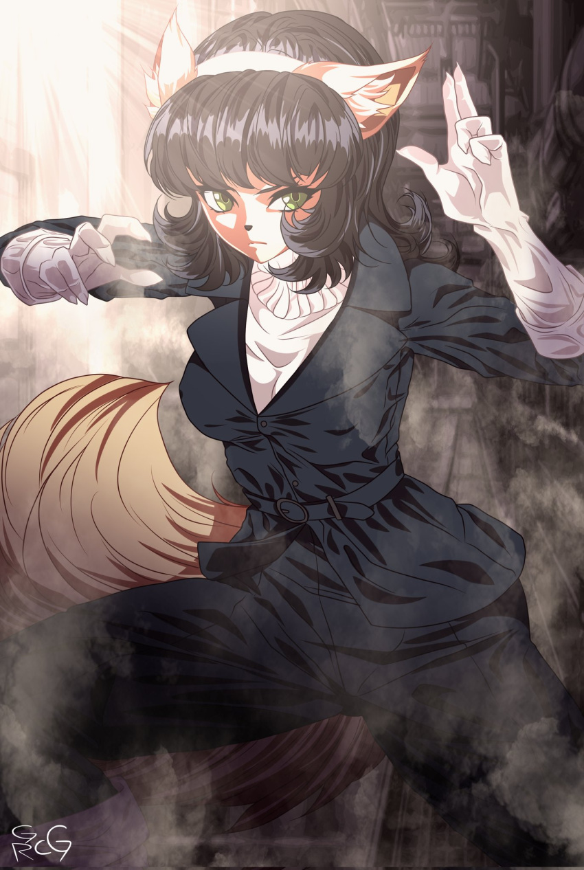1girl, animal_ears, animal_nose, black_hair, breasts, cat_ears, cat_tail, claws, collared_bodysuit, furry, furry_female, gabrielcor96697, gloves, green_eyes, hairband, highres, kitty_katswell, medium_breasts, medium_hair, simple_background, t.u.f.f._puppy, tail, turtleneck, white_gloves, white_hairband