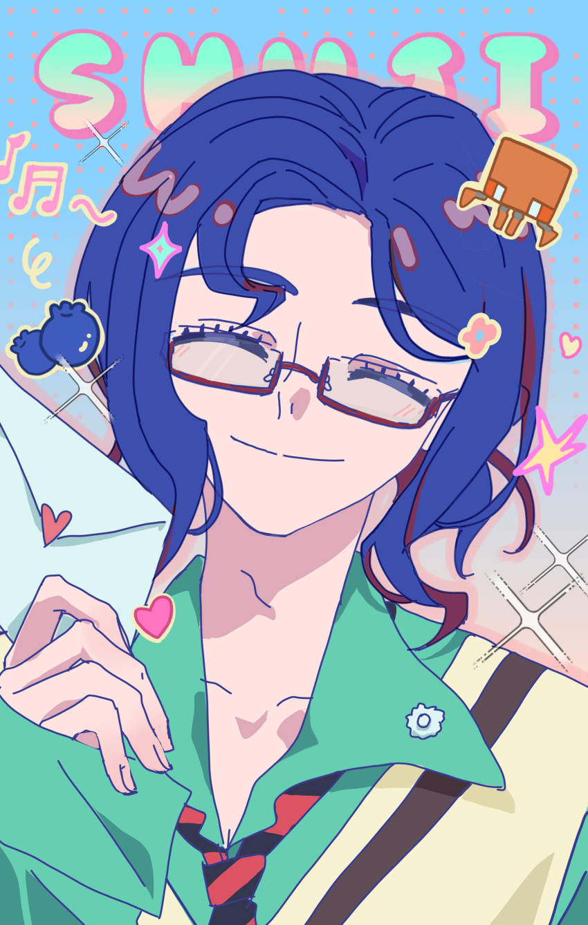 1boy, absurdres, blue_hair, blueberry, character_name, collared_shirt, colored_inner_hair, conch_(gundam)