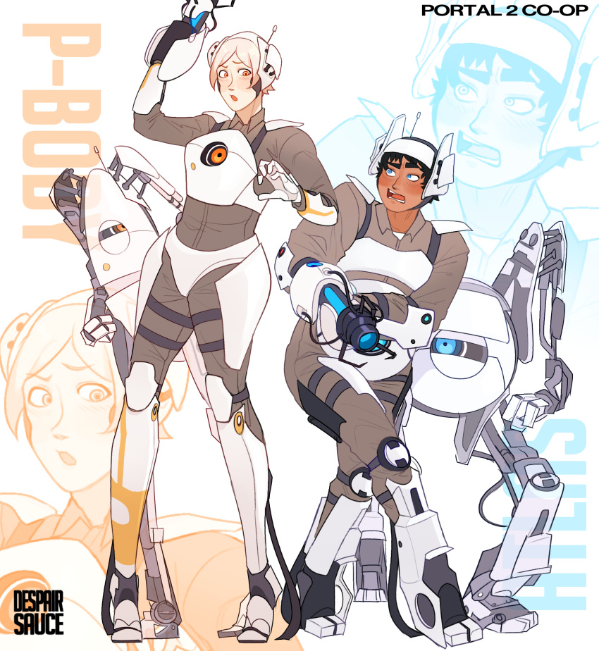 1boy, 1girl, antennae, aperture_science_handheld_portal_device, armor, artist_name, atlas_(portal), black_hair