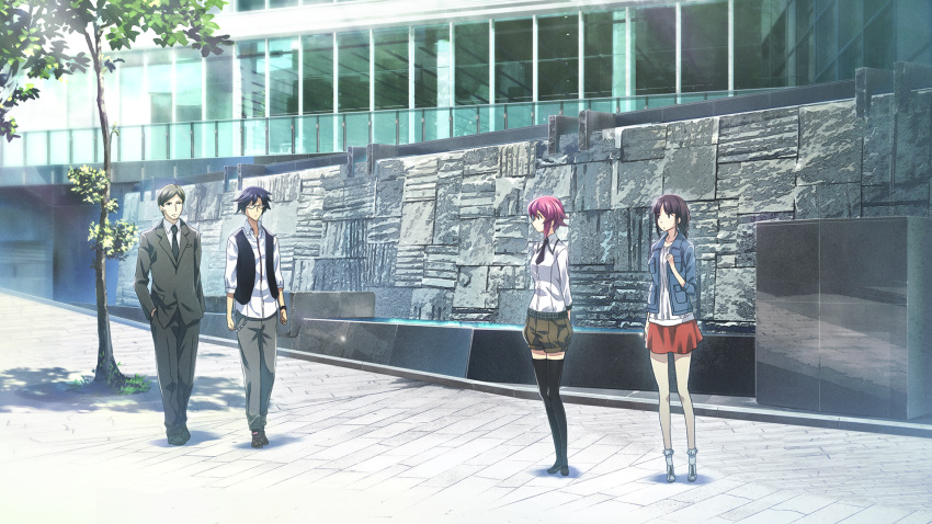 2boys, 2girls, :o, ahoge, arms_behind_back, bare_legs, black_necktie, black_suit