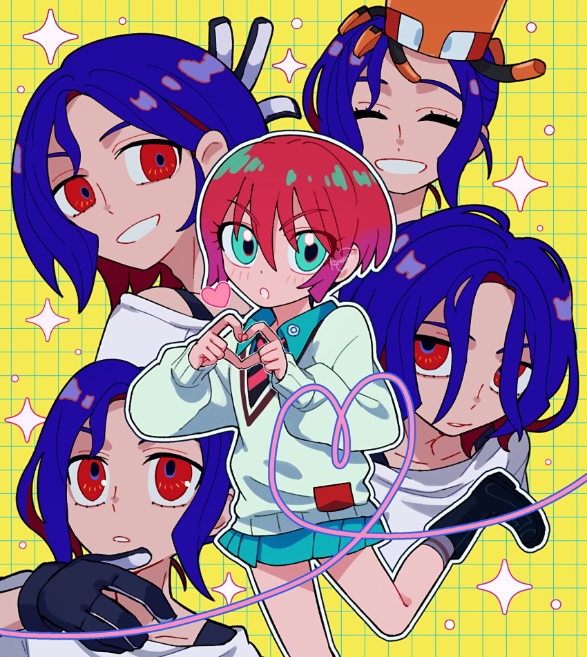 1boy, 1girl, amate_yuzuriha, aqua_eyes, blue_hair, blush, closed_eyes, collared_shirt