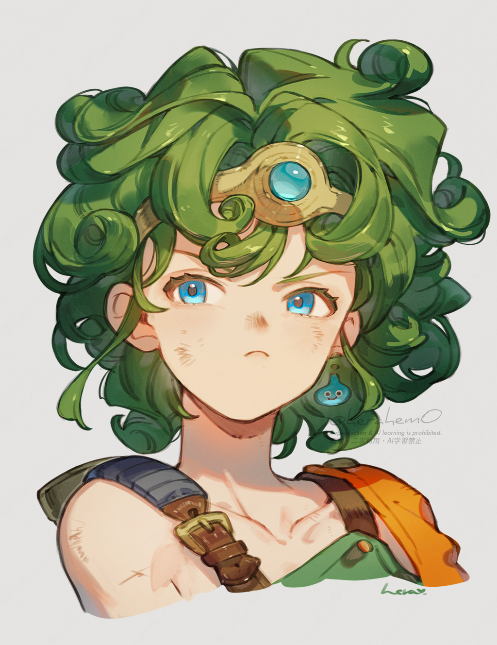 1girl, averting_eyes, blue_eyes, blue_gemstone, character_ear_piercing, circlet, cropped_shoulders, curly_hair