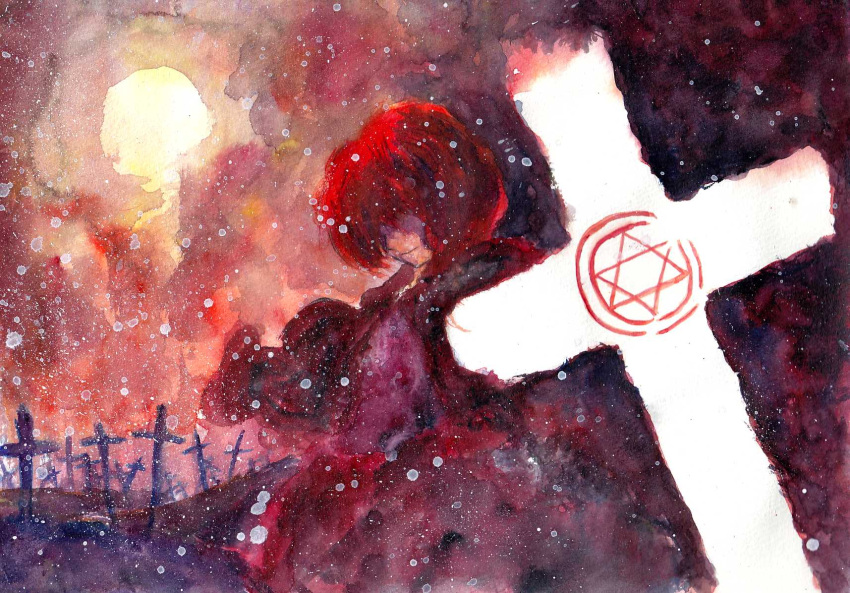 cross, hexagram, highres, let, magic_circle, no_eyes, okazaki_yumemi, red_hair, redhead, solo, sun, touhou, touhou_(pc-98)