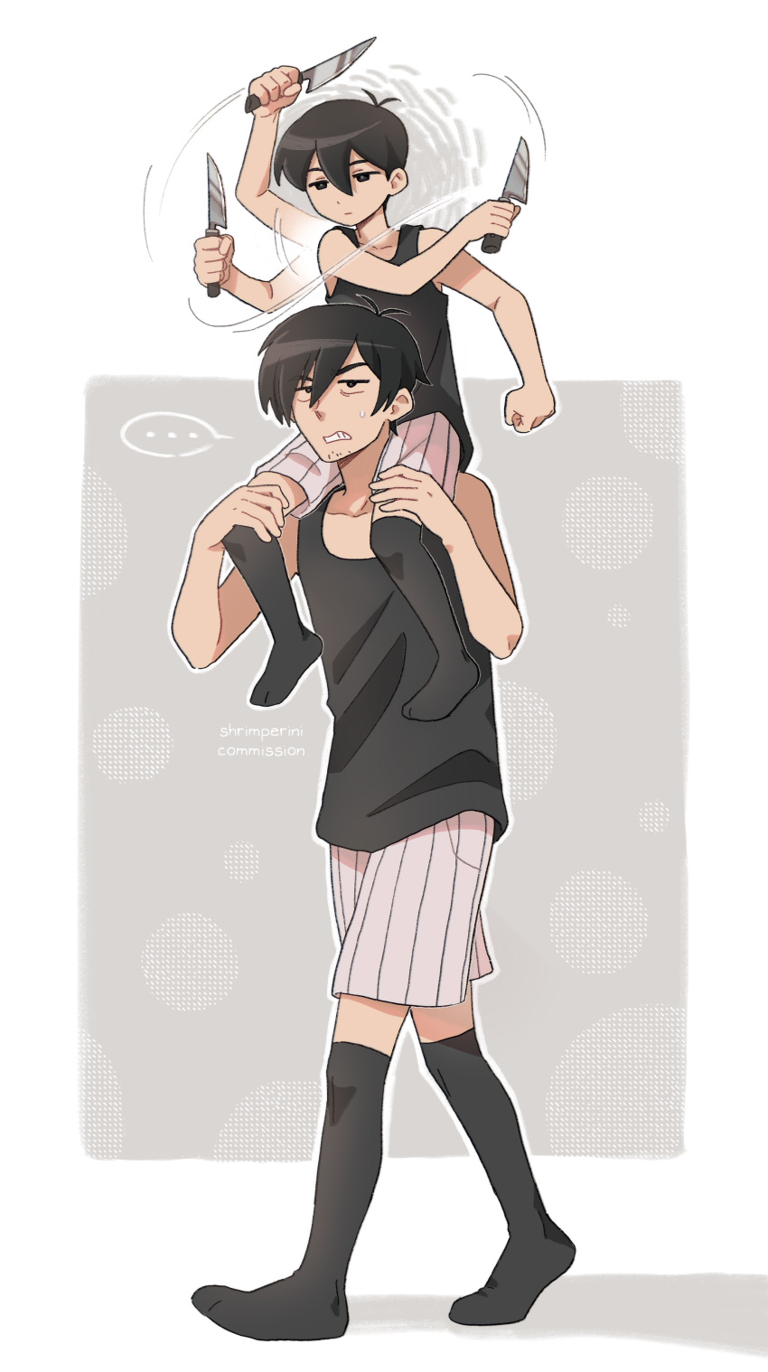 ..., 2boys, absurdres, alternate_skin_color, antenna_hair, artist_name, bare_arms, bare_shoulders