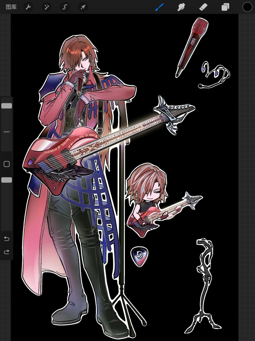 1boy, art_program_in_frame, black_background, black_boots, black_pants, black_tank_top, boots, brown_gloves, brown_hair, chest_strap, chibi, chibi_inset, coat, dirge_of_cerberus_final_fantasy_vii, final_fantasy, final_fantasy_vii, fingerless_gloves, full_body, genesis_rhapsodos, gloves, grose, guitar, hair_over_one_eye, highres, holding, holding_guitar, holding_instrument, holding_microphone, instrument, long_coat, male_focus, medium_hair, microphone, pants, red_coat, single_shoulder_pad, smile, solo, tank_top