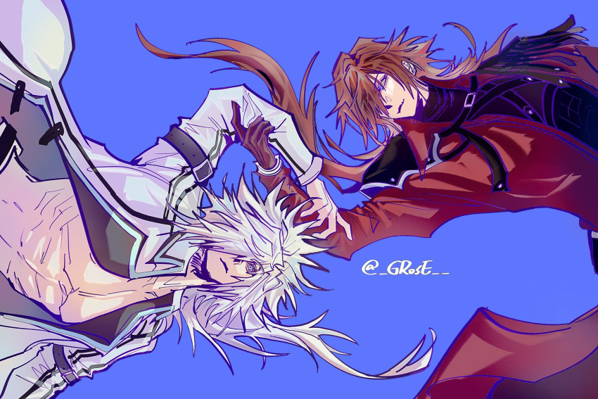 2boys, abs, aqua_eyes, black_shirt, blue_background, brown_gloves, brown_hair, chest_strap