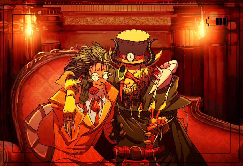 2boys, black_hair, dark-skinned_male, dark_skin, demiurge_(overlord), demon_boy, demon_tail, glasses, goat_boy, goat_horns, hair_slicked_back, horns, mashur00m, multiple_boys, overlord_(maruyama), pointy_ears, red_suit, sitting, suit, tail, ulbert_alain_odle