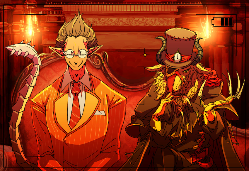 2boys, black_hair, dark-skinned_male, dark_skin, demiurge_(overlord), demon_boy, demon_tail, glasses
