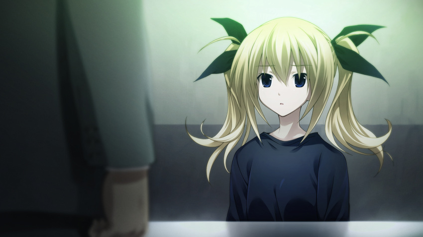 1boy, 1girl, arimura_hinae, black_bow, black_shirt, blue_hair, blurry, blurry_foreground