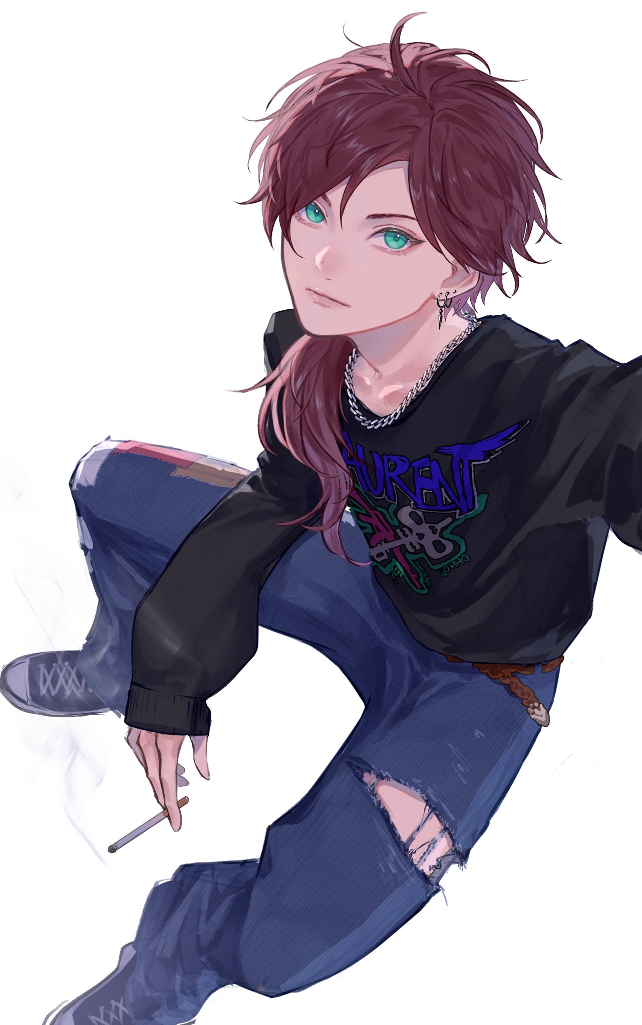 1boy, alternate_costume, chain, chain_necklace, cigarette, closed_mouth, commentary_request, converse