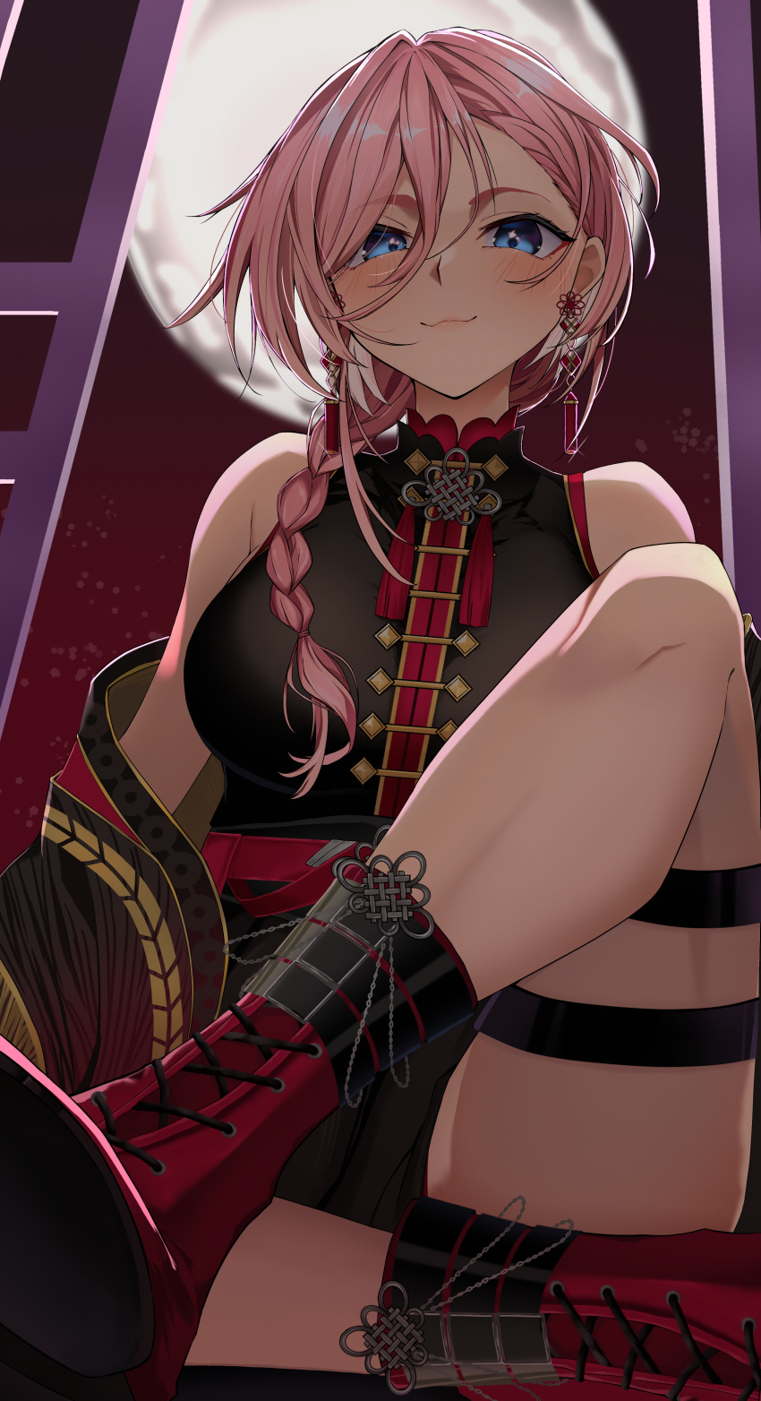 1girl, absurdres, black_dress, blue_eyes, blush, braid, braided_ponytail, breasts, dress, earrings, full_moon, highres, hololive, jewelry, large_breasts, long_hair, looking_at_viewer, moon, na_nu_017, night, night_sky, pink_hair, sky, sleeveless, sleeveless_dress, smile, solo, takane_lui, takane_lui_(5th_costume), tassel, thigh_strap, virtual_youtuber