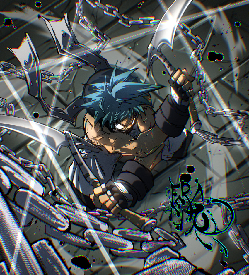 absurdres, arm_tattoo, baggy_pants, black_hood, black_star, blue_hair, chain, fergoart