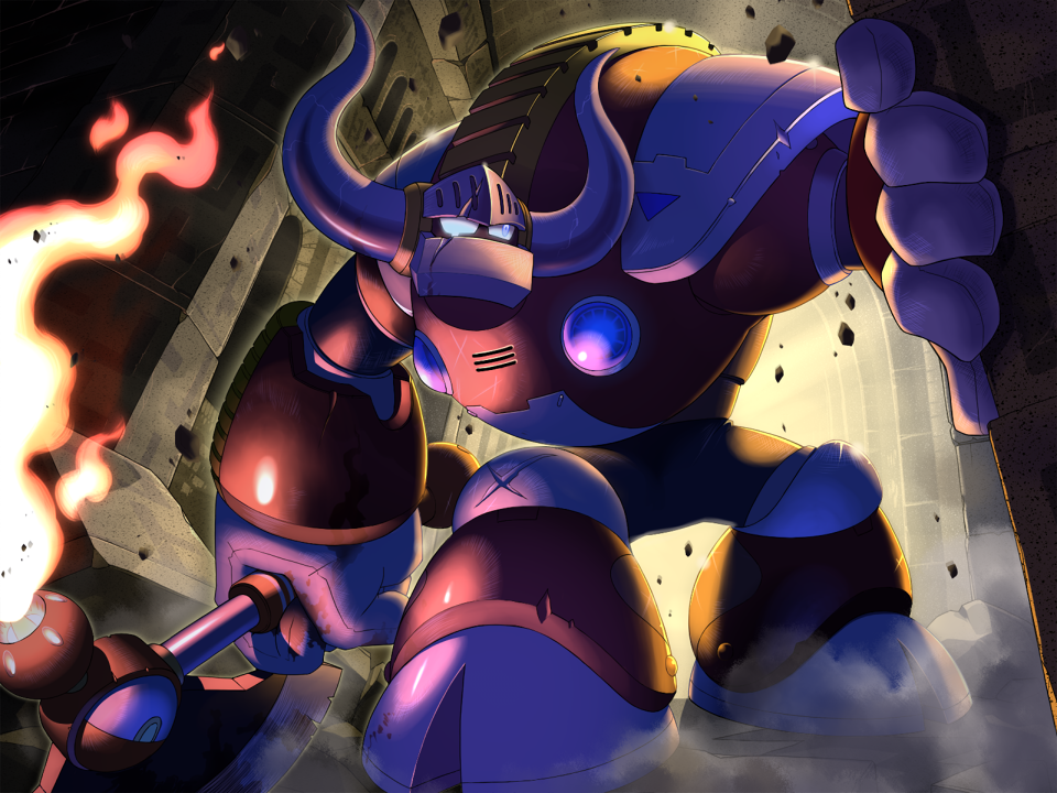 1boy, axe, cow_horns, fake_horns, fire, flaming_weapon, gem, glowing, glowing_eyes, helmet, holding, holding_axe, holding_weapon, horned_helmet, horns, humanoid_robot, joints, mega_man_(classic), mega_man_(series), mega_man_v, napo, robot, robot_joints, ruins, uranus_(mega_man), visor_(armor), weapon