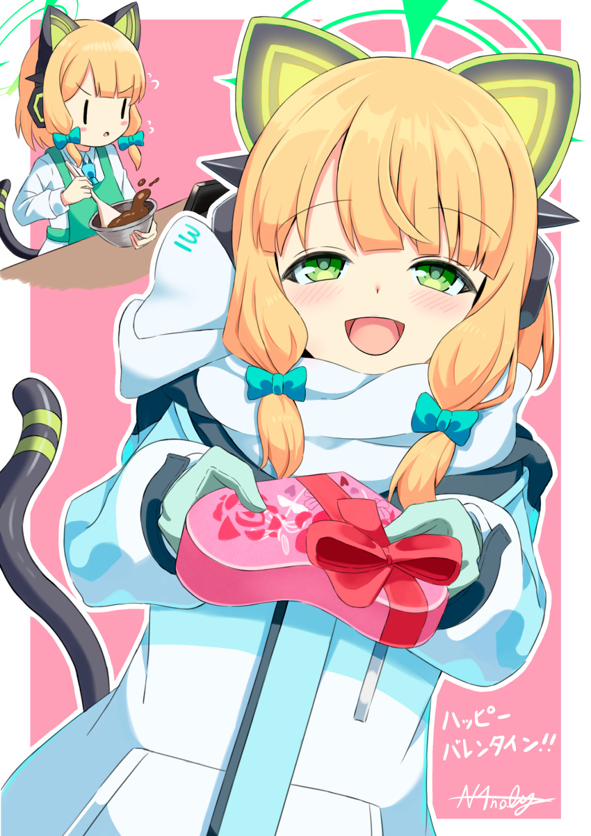 1girl, :d, absurdres, alternate_costume, animal_ear_headphones, animal_ears, apron, aqua_coat