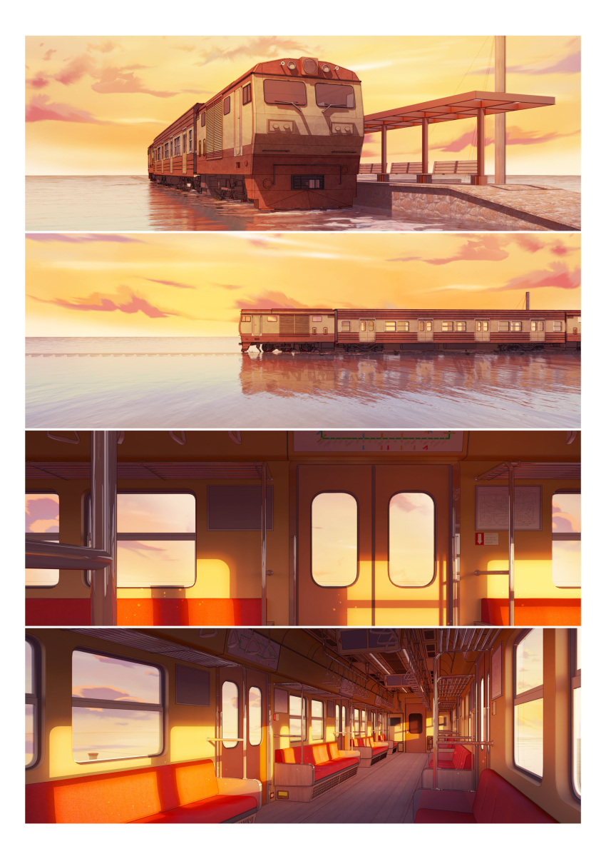 absurdres, evening, highres, no_humans, omorphia, sea_train, sky, train