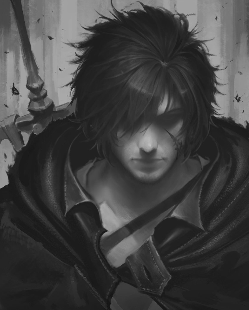 1boy, arif_wijaya, black_cloak, black_hair, clive_rosfield, cloak, closed_mouth, debris
