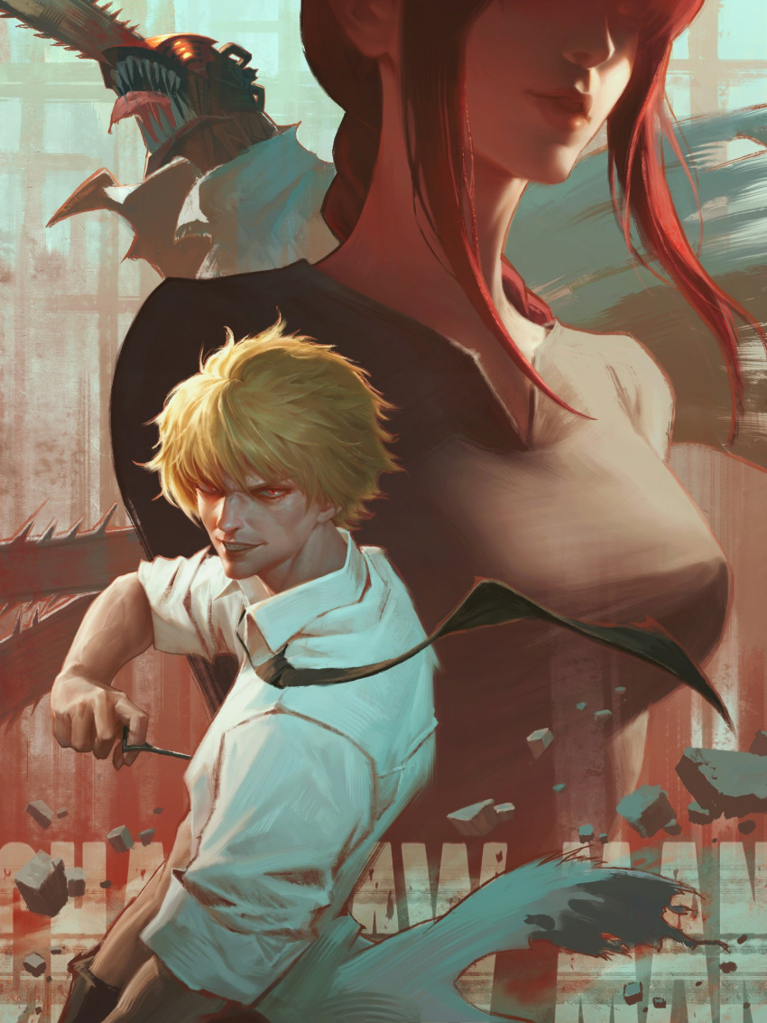 1boy, 1girl, arif_wijaya, black_necktie, black_pants, black_shirt, blonde_hair, braid