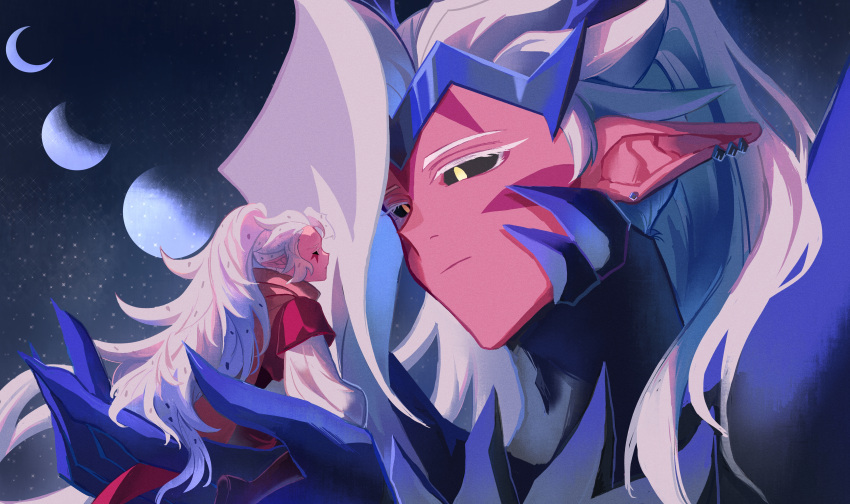 2others, absurdres, ananas_dragon_cookie, ananas_dragon_cookie_(raging_calamity), armor, armored_gloves, asymmetrical_bangs, black_sclera, black_sky, blue_armor, blue_gloves, brown_cape, cape, chinese_commentary, closed_mouth, colored_eyelashes, colored_sclera, colored_skin, commentary_request, cookie_run, cookie_run:_kingdom, cookie_run:_ovenbreak, crescent_moon, cupping_hands, ear_piercing, earrings, expressionless, eye_contact, face-to-face, facial_mark, fingernails, food-themed_hair, from_below, frown, geruideyundongxie, giant, gloves, high_ponytail, highres, hood, hood_down, hooded_cape, humanization, jewelry, layered_sleeves, long_hair, long_sleeves, looking_at_another, moon, multiple_others, night, night_sky, official_alternate_costume, official_alternate_hair_color, official_alternate_skin_color, other_focus, outdoors, own_hands_together, piercing, pink_skin, pitaya_dragon_cookie, pointy_ears, ponytail, portrait, profile, puffy_long_sleeves, puffy_sleeves, red_shirt, sharp_fingernails, shirt, short_over_long_sleeves, short_sleeves, sky, very_long_hair, white_eyelashes, white_hair, white_shirt, yellow_eyes