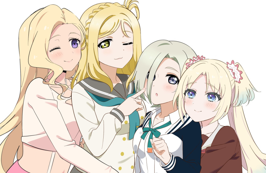 4girls, :o, ;), ;3, aqua_neckerchief, black_sleeves, blonde_hair, blue_eyes