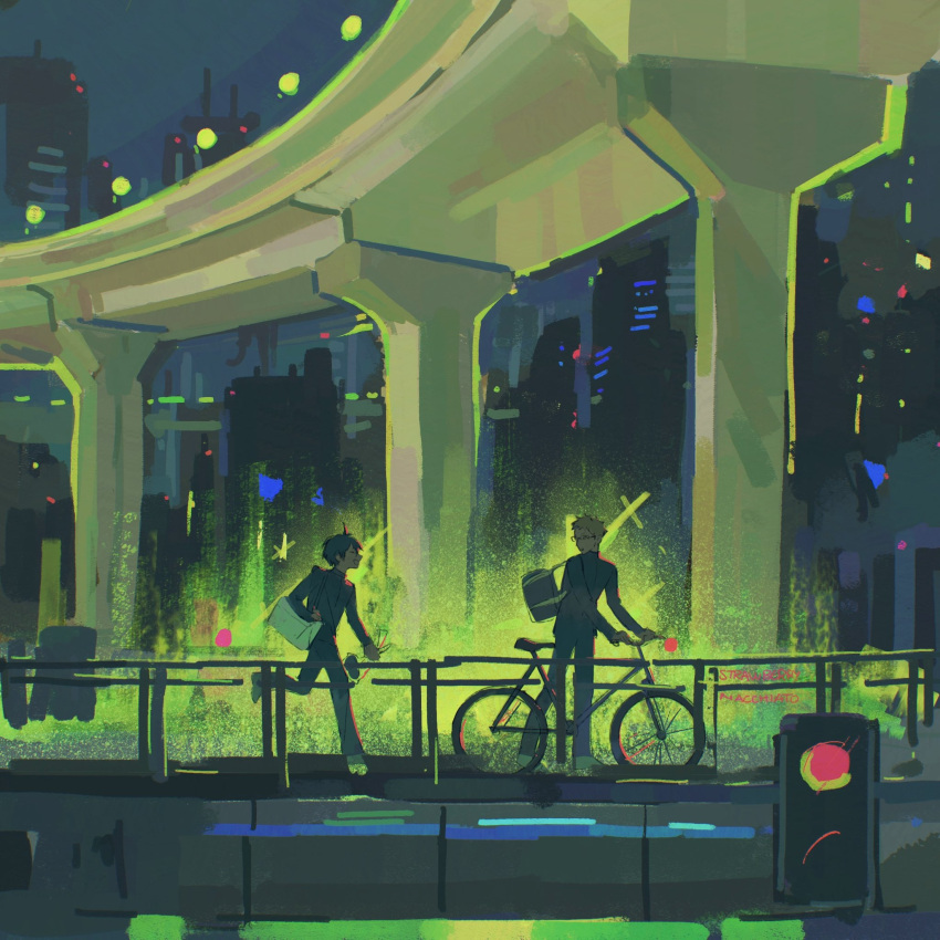 2boys, bicycle, black_hair, black_jacket, black_pants, blonde_hair, bridge, city