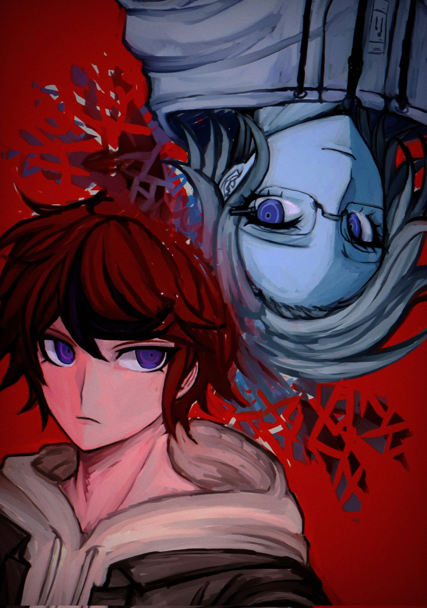 2boys, aotsuki_eito, blue_eyes, corrupted_twitter_file, frown, glasses, grey_hair, highres