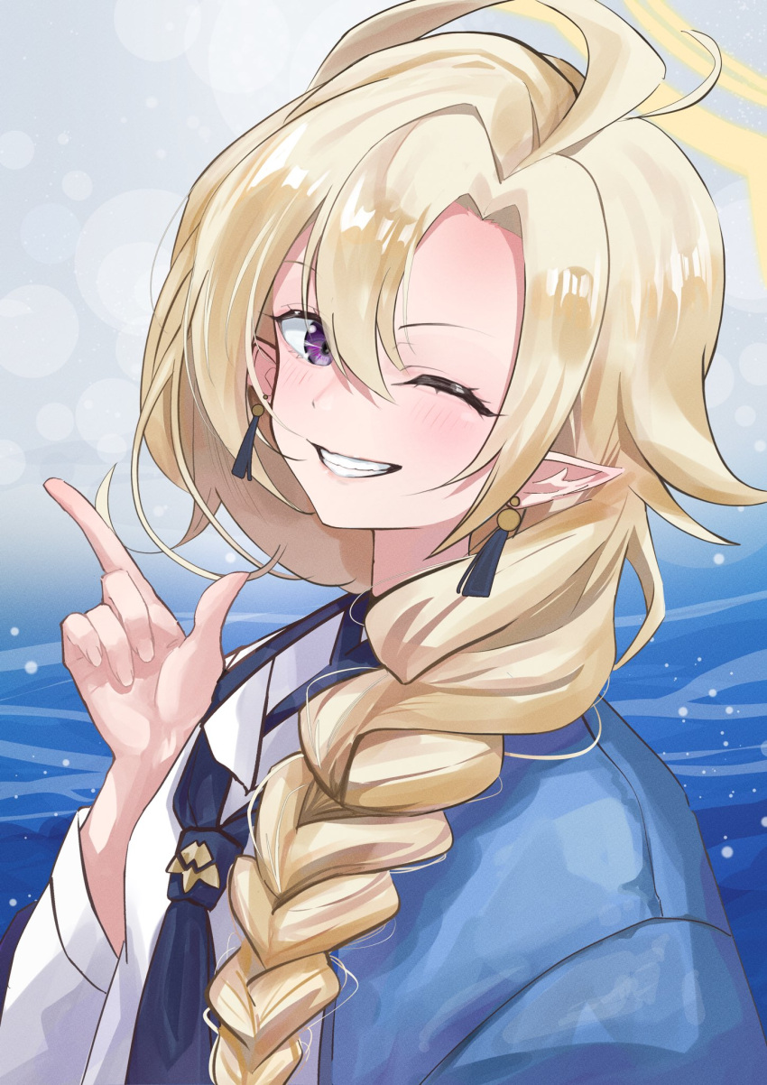 1girl, ayame_(blue_archive), blonde_hair, blue_archive, braid, earrings, halo, highres