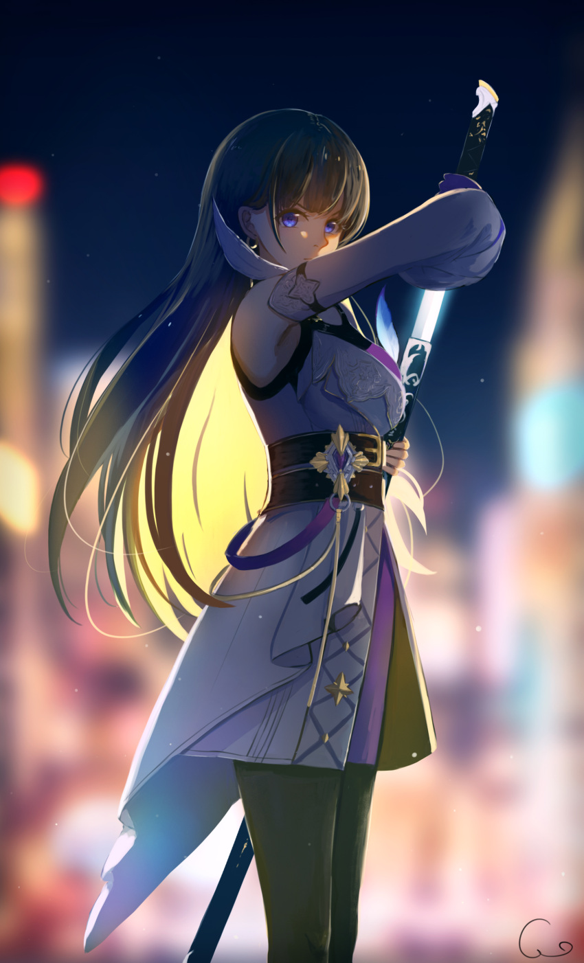 1girl, absurdres, black_pantyhose, blurry, blurry_background, city, city_lights, detached_sleeves