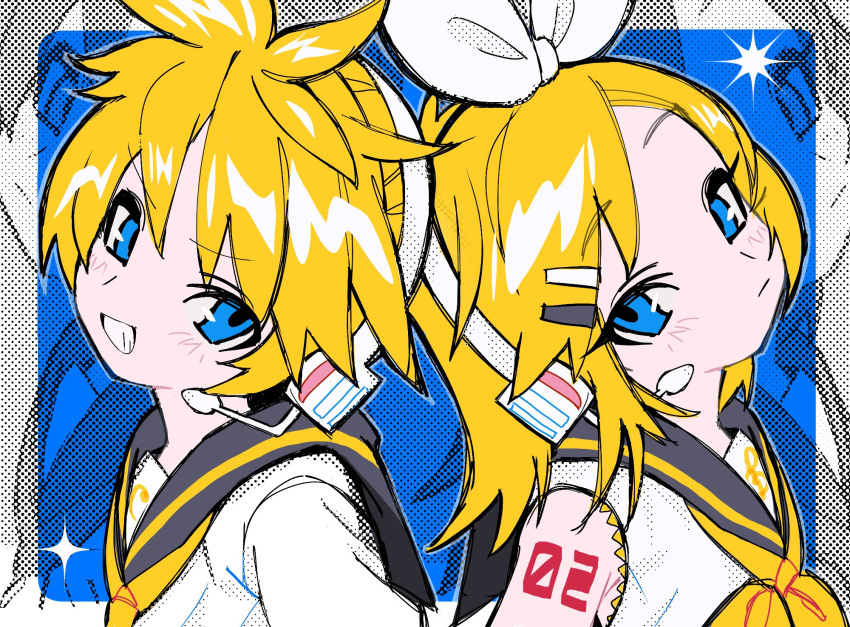 1boy, 1girl, arm_tattoo, black_sailor_collar, blonde_hair, blue_background, blue_eyes, bow