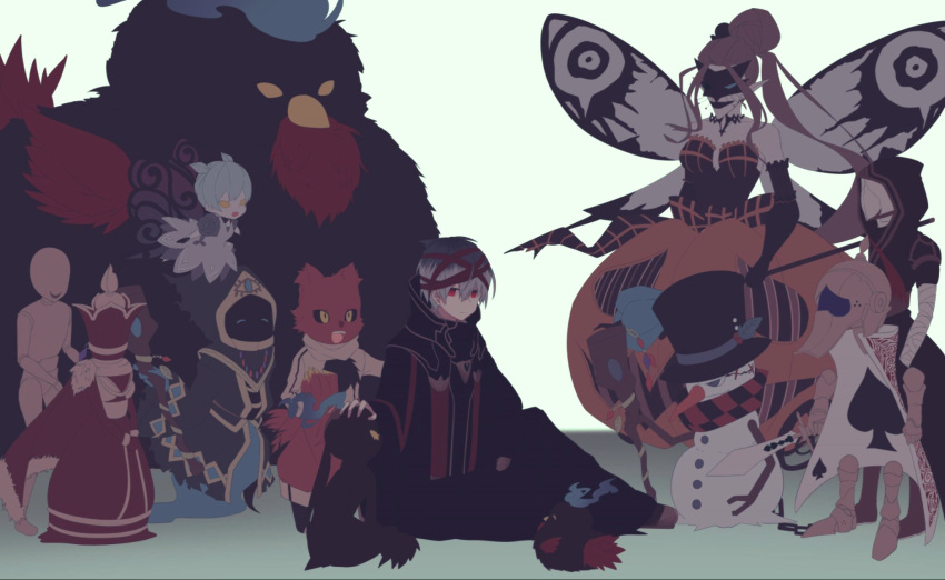 1boy, 1other, 4girls, 6+boys, animal, aqua_hair, bandages, bare_shoulders