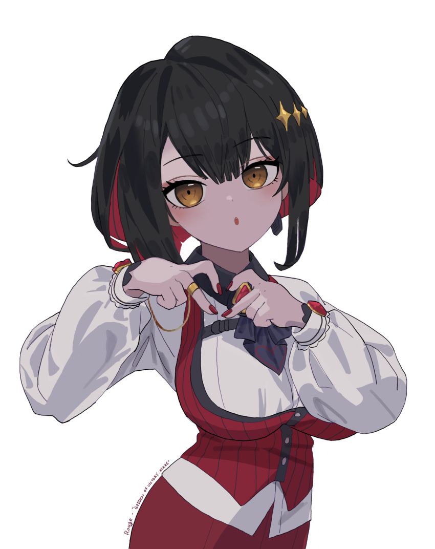 1girl, black_hair, breasts, brown_eyes, colored_inner_hair, goddess_of_victory:_nikke, heart, heart_hands, highres, kunikuni_(kunihiro2005), large_breasts, long_sleeves, looking_at_viewer, multicolored_hair, open_mouth, pants, red_hair, red_pants, rouge_(nikke), shirt, short_hair, white_shirt, yellow_eyes