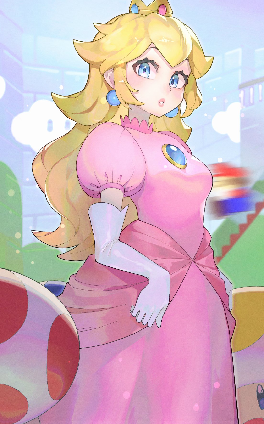1girl, 4boys, backwards_long_jump, blonde_hair, blue_eyes, blue_overalls, blush, breasts