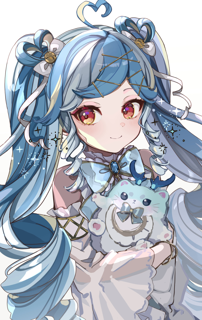 1girl, ahoge, bare_shoulders, blue_hair, heart, heart-shaped_hair, heart_ahoge, highres