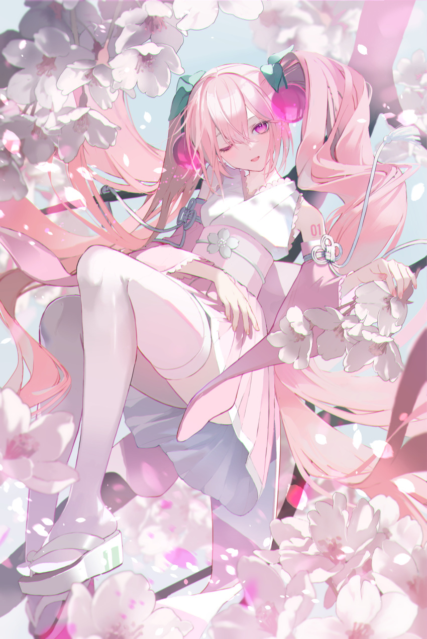1girl, absurdres, cherry_blossoms, commentary_request, detached_sleeves, full_body, hatsune_miku, highres, japanese_clothes, kimono, koa_tcbs, long_hair, looking_at_viewer, obi, one_eye_closed, pink_hair, pink_kimono, sakura_miku, sash, sitting, smile, solo, thigh-highs, twintails, very_long_hair, violet_eyes, vocaloid, white_thighhighs