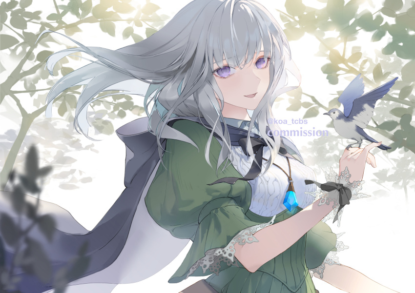 1girl, bird, bird_on_hand, black_cape, blurry, cape, commentary, commission