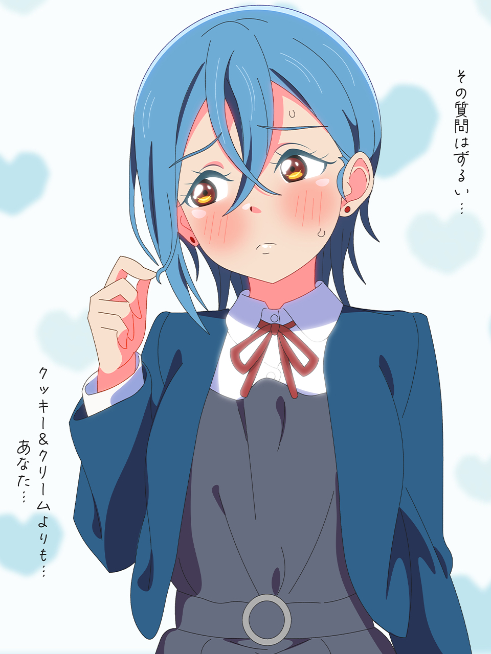 1girl, ai_scream!_(love_live!), averting_eyes, blue_hair, blue_jacket, collared_shirt, commentary_request, crossed_bangs