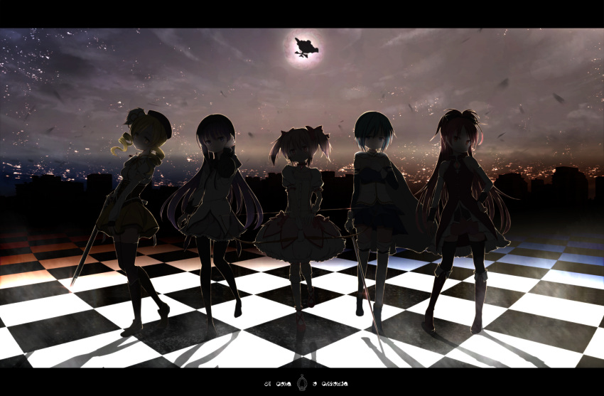ahirun, akemi_homura, beret, bow_(weapon), cape, checkered, checkered_floor, choker