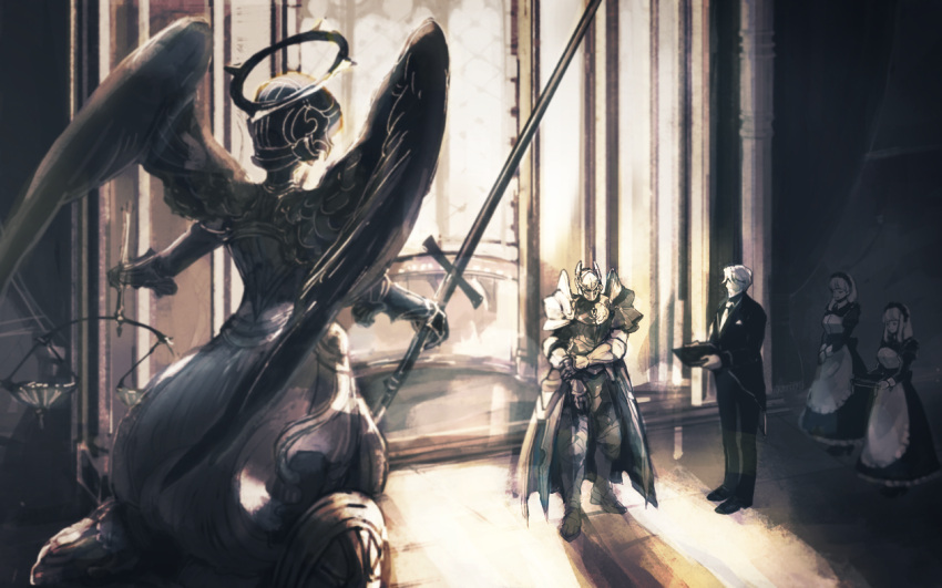 2boys, 2girls, angel, armor, black_suit, blonde_hair, butler, full_armor