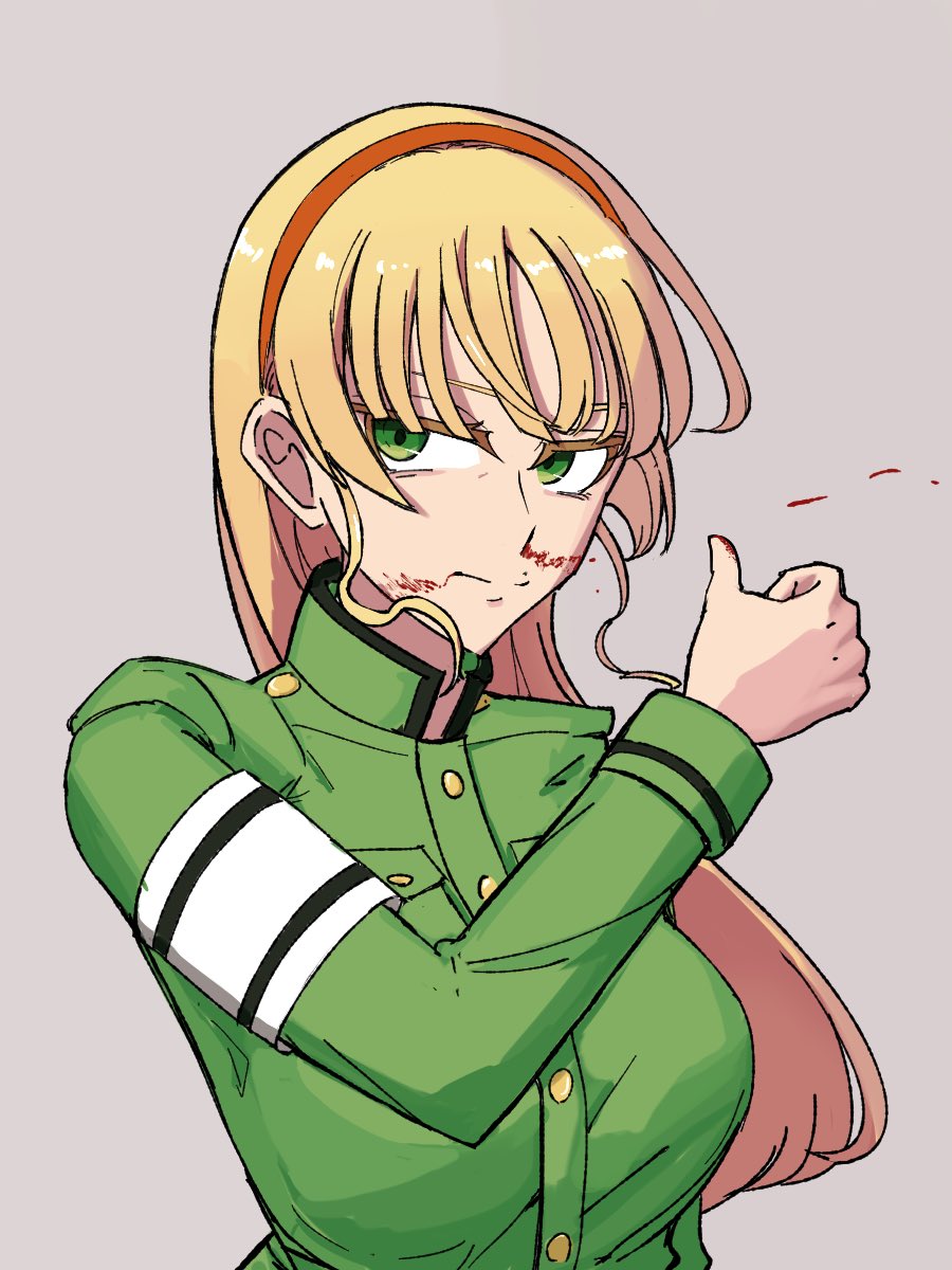 1girl, armband, blonde_hair, blood, blood_from_mouth, blood_on_face, blunt_bangs, breast_pocket
