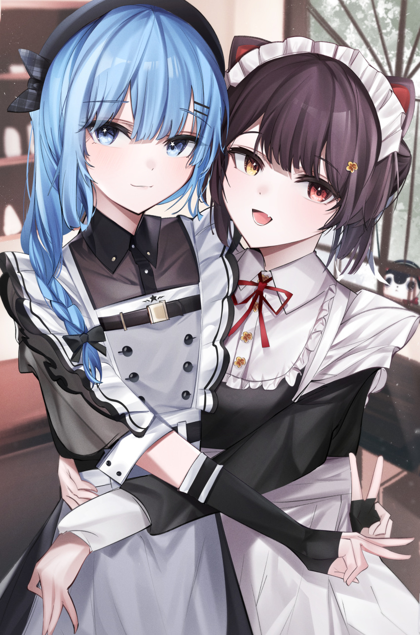 2girls, absurdres, animal_ears, apron, beret, black_hair, blue_eyes, blue_hair