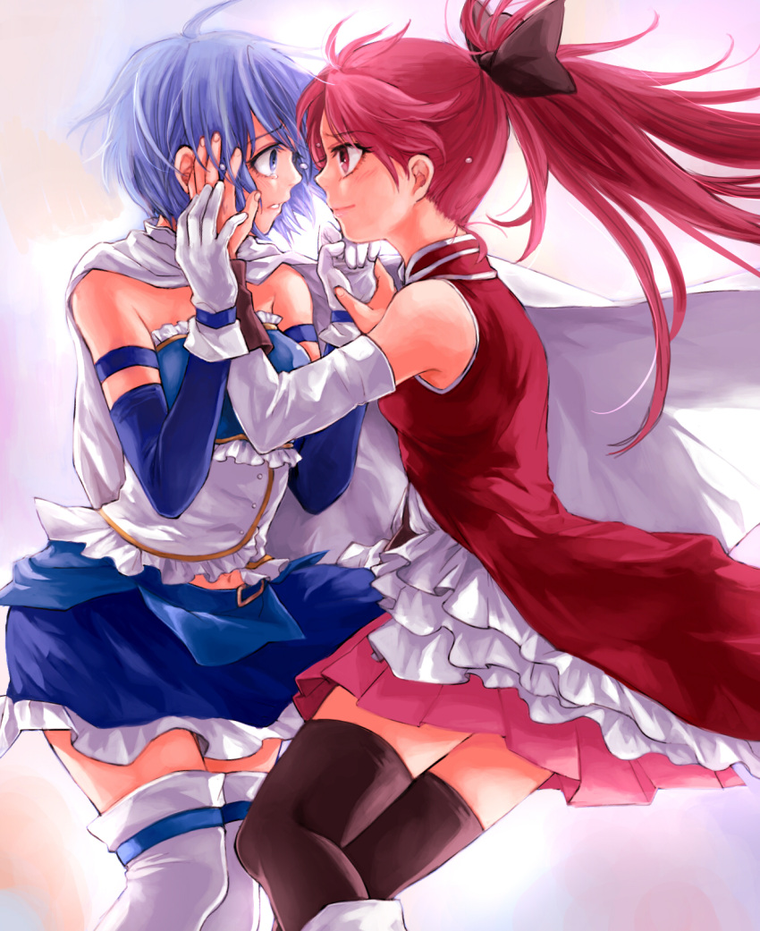 bad_id, blue_eyes, blue_hair, cape, eye_contact, gloves, hand_on_face, highres