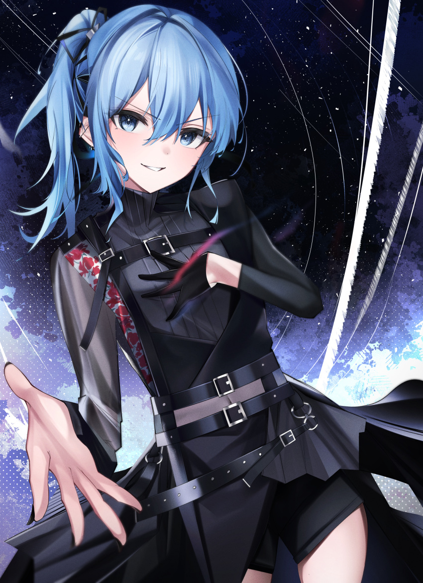 1girl, absurdres, asymmetrical_sleeves, black_gloves, black_nails, black_overskirt, black_shorts, blue_eyes