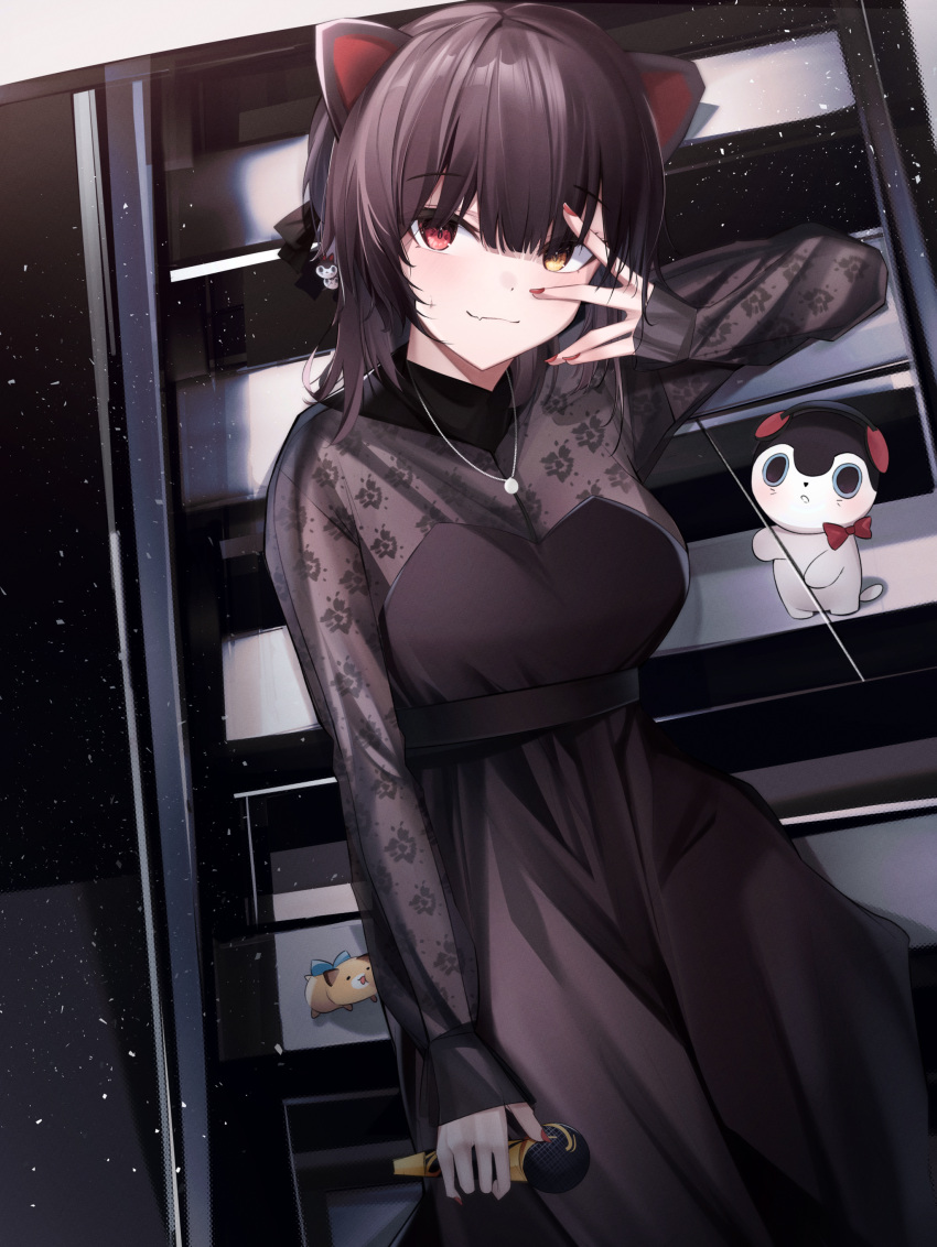 1girl, :3, absurdres, animal_ears, black_dress, brown_hair, cat_ears, cowboy_shot